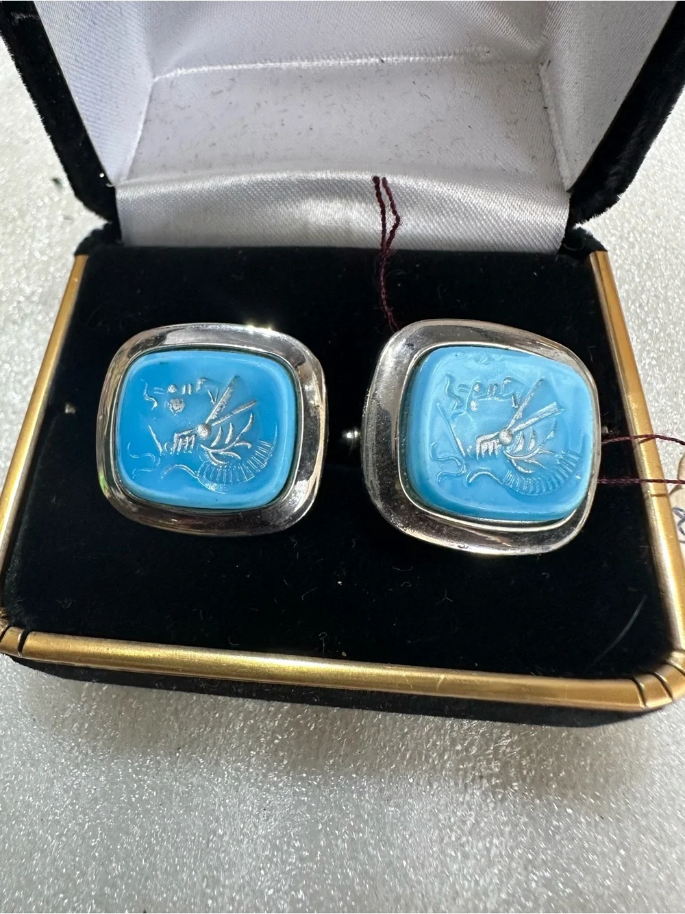 Men’s vintage 1950s Blue Intaglio Stone Silver-Tone Cufflinks